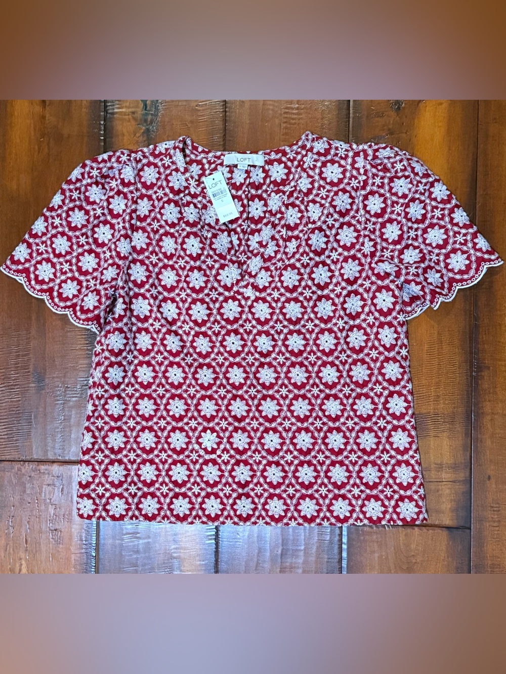 LOFT Red and White Embroidered Floral Short Sleeve Top